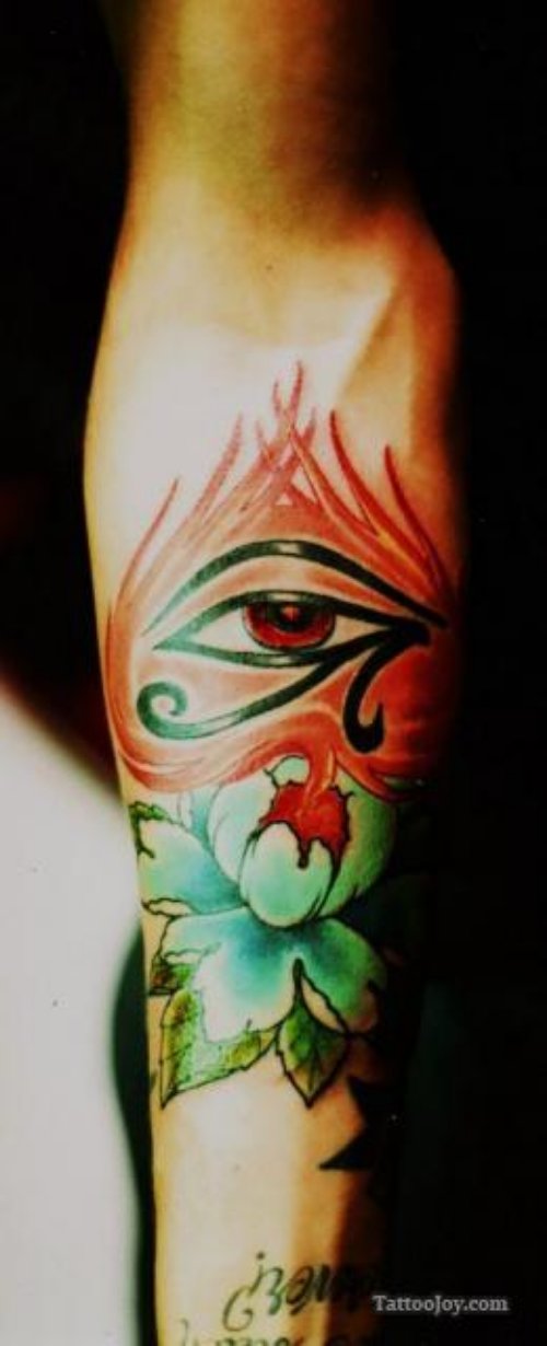 Color Flowers and Horus Eye Tattoo On Left Forearm